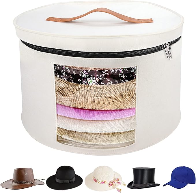 Large Hat Storage Box for Women & Men, 16" D x 10" H Hat Box Organizer，Foldable Round Travel Hat Boxes with Dustproof Lid, Stuffed Toy Storage Bin Bag (Off-white)