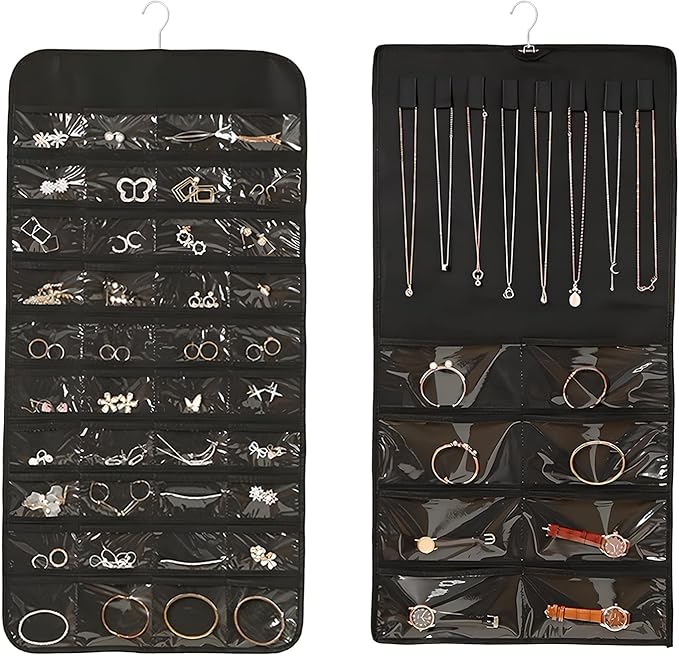 2 Pack Jewelry Hanging Organizer 48 Pocket with Hanger Hook, Double Sided Hanging Wall Jewelry Holder for Closet, Over Door Necklace Earring Storage Roll Bag for Women Ring Bracelet, Black