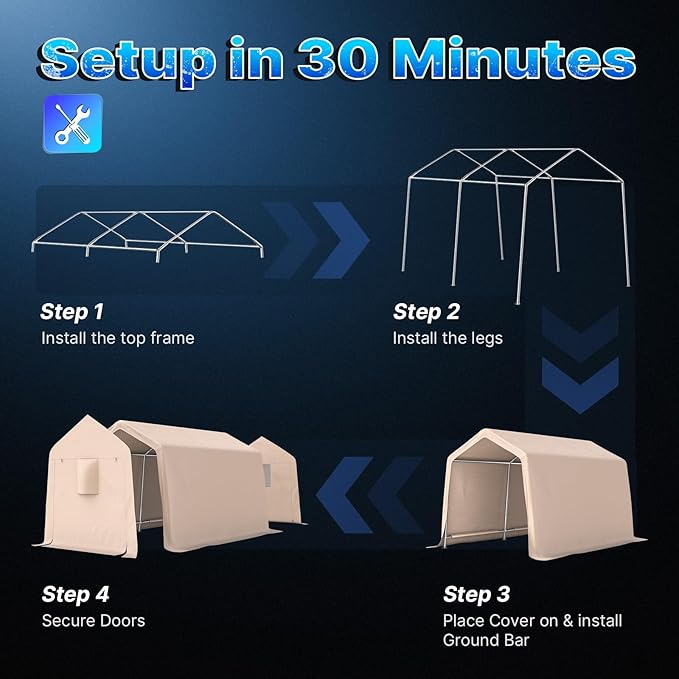 ADVANCE OUTDOOR 8x14 ft Steel Metal Peak Roof Portable Garage Shelter Storage Shed Carport for Motorcycle, Bike or Garden Tools with 2 Roll up Doors & Vents, Beige