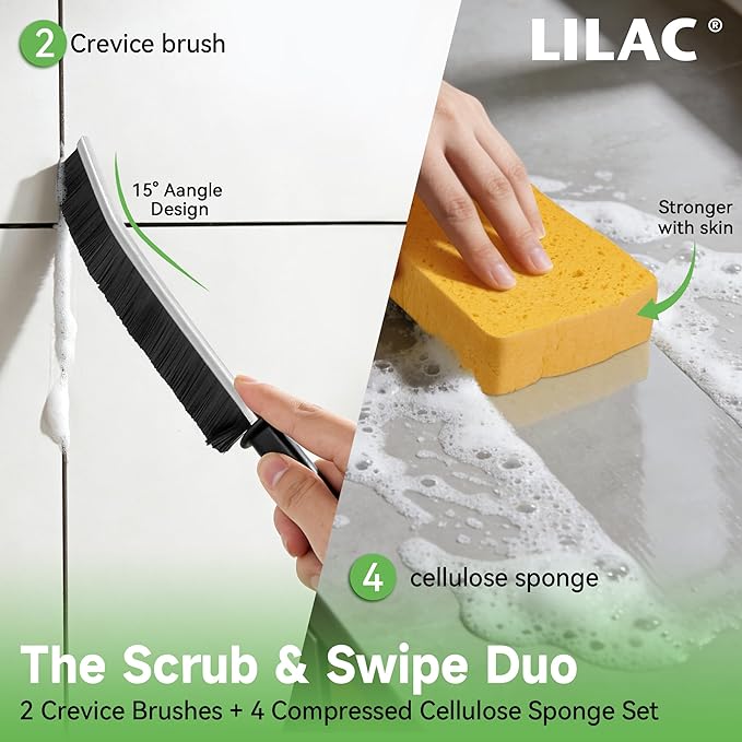 LILAC 6 Pcs Deep Cleaning Set: 2 Pack Stiff-Bristle Crevice Cleaning Brushes & 4 Pack Compressed Natural Cellulose Sponges, Gap Cleaner Scrubber Tool for Window Tracks, Tile, Kitchen, Bathroom
