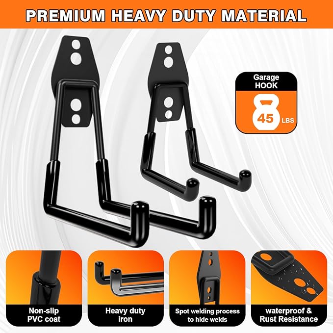 Heavy Duty Wall Garage Hooks, Steel Anti-Slip Utility Hooks Storage Organization Hangers for Ladders, Bikes, Hose, Garden Tools, Coats, Bags with Mounting Hardware Kit (Black, 10 Pack)