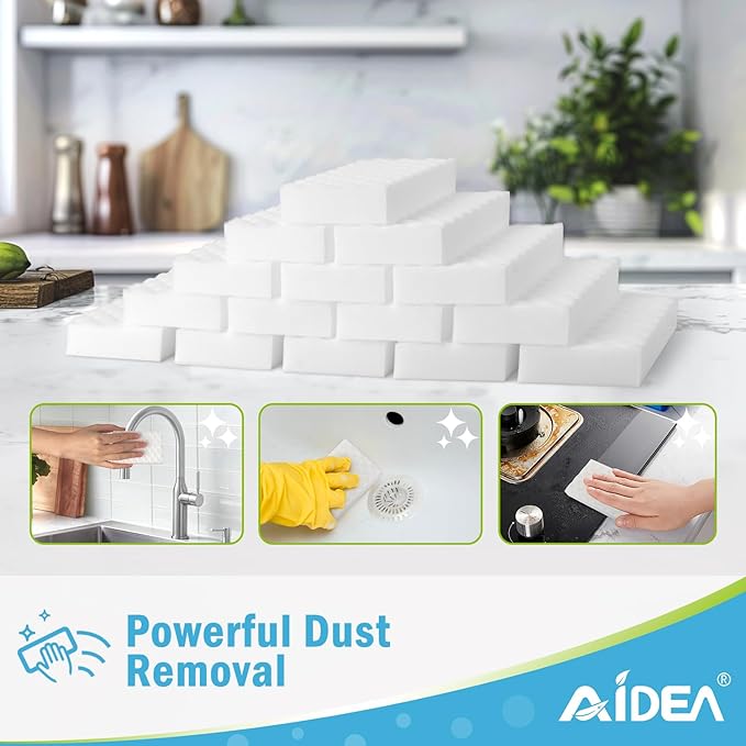 AIDEA Magic Sponges Cleaning Eraser, 2X Density Stronger Sponge for Household, Powerful Scrubber Foam Pads, Multi-Surface Cleaning Supplies for Kitchen, Furniture, Bathroom, Sink, Wall, 12 Pads