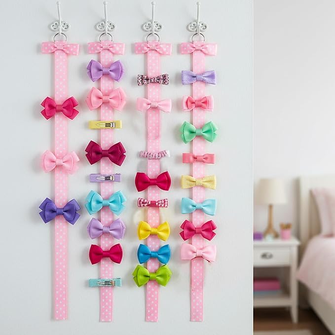 Bremorou Pink Bow Holder For Girls Hair Bows 6 Pcs Baby Hair Accessories Organizer Bow Storage Clips Organizer Wall Hanging Home Decor For Baby Girl Headband Accessories Display