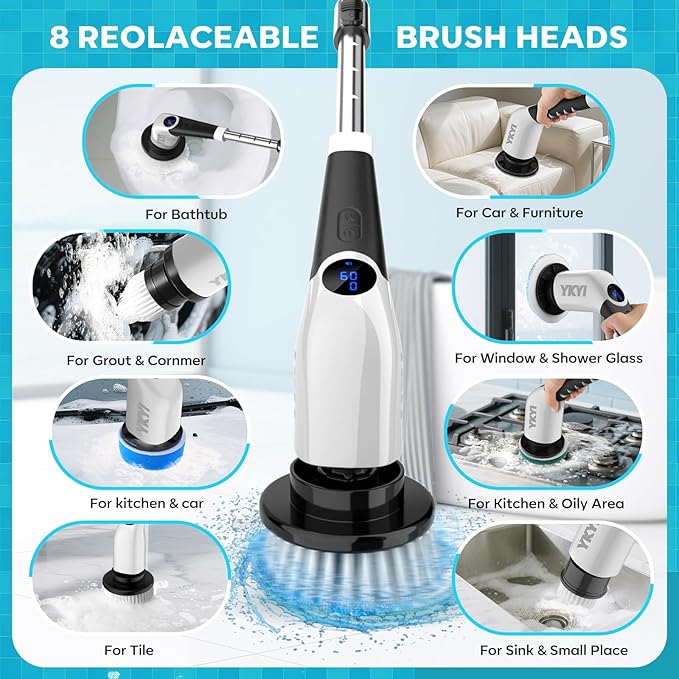 YKYI Electric Spin Scrubber-Cordless Power Scrubber with 8 Brush Heads, 3 Speeds & Adjustable Long Handle, IPX7 Waterproof Shower Cleaning Brush for Bathroom Tile, Bathtub, Grout, Kitchen(Matte White)