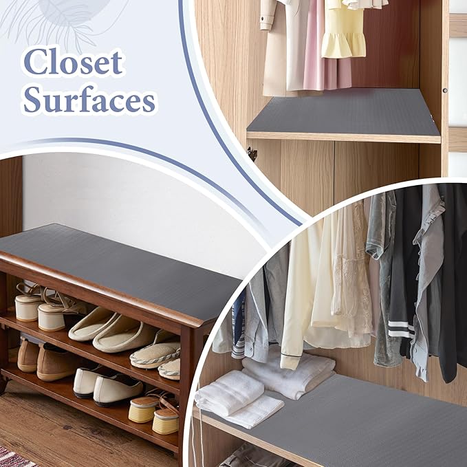 Drawer and Shelf Liner for Kitchen Cabinet: 17 in X 30 Ft Non Slip Waterproof Shelf Paper Non Adhesive Refrigerator Liners Gray Easy Liners for Bathroom Cupboard with Knife Tape Measure