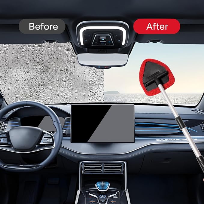 10pcs Windshield Cleaner Tool, Car Window Cleaning Wash Kit with 4 Reusable Microfiber Pads 1 Spray Bottle and Extendable Handle Auto Glass Wiper Kit, Red
