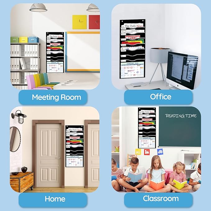 8 Pockets Hanging Wall File Organizer for Legal/ Letter/ A4 Size Paper, Over the Door Organizer, Black Pocket Chart for Classroom, Office, Home Use with 12 Name Tags, 5 Hooks and Clear Calendar Pocket