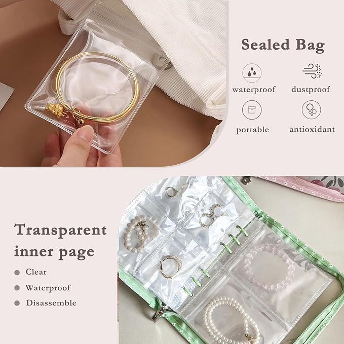 Jewelry Organizer Travel,Jewelry Storage Book with 45 Portable thick PVC pouches,Jewelry Organizer Zipper Bags for Necklaces Bracelet Rings and Earrings (front cover removable),Green