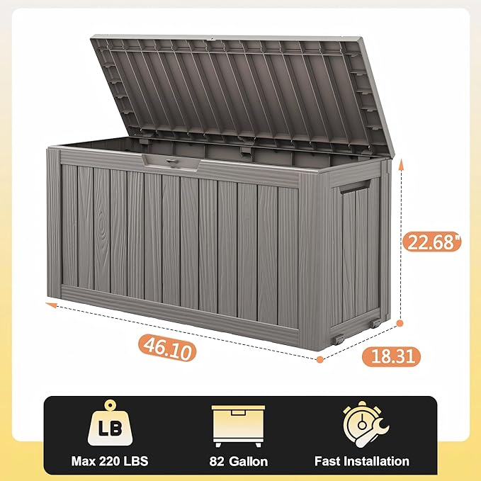 82 Gallon Outdoor Storage Box, Resin Deck Boxes Outdoor Waterproof For Patio Furniture, Garden Tools, Pool Supplies, Lockable And UV Resistant (Striped Gray)
