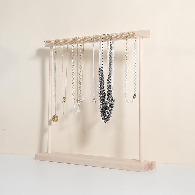 GemeShou Large necklace hanger shelf with 17 copper bars, Wooden jewelry storage organizer rack for hanger necklace bracelet, necklace display stand for boutique store【Marple】