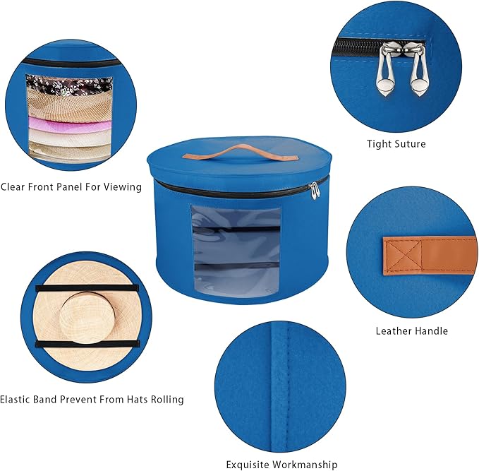 Large Hat Storage Box for Women & Men, 16" D x 10" H Hat Box Organizer，Foldable Round Travel Hat Boxes with Dustproof Lid, Stuffed Toy Storage Bin Bag (Ultramarine Blue)
