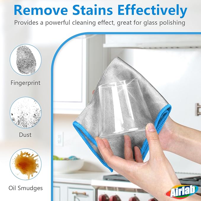 Airlab Glass Polishing Cloth Streak Free Miracle Microfiber Cleaning Cloth Lint Free Cleaning Rags for Glasses Kitchen Dish Mirrors Easy Clean, Pack of 6, 12" x 12", Sliver-Blue