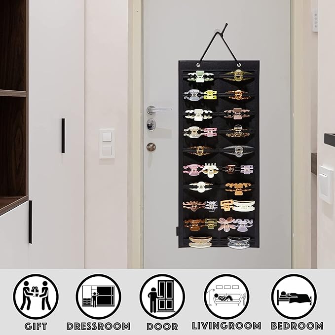 ACQTULOU Hair Claw Clips Organizer, 10 Layers Large Hair Clip Storage for Women Girls, Hair Accessories Holder Organizer for Wall Door Closet(No Hair Accessories Included) (black)