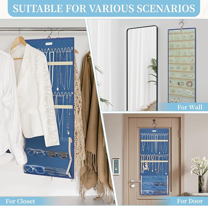 GMAK Hanging Jewelry Organizer with Hanger Metal Hooks, Double-Sided Jewelry Holder Accessories Organizer Storage Roll for Jewelry, Earrings, Bracelets, Necklaces, Rings - Navy Blue