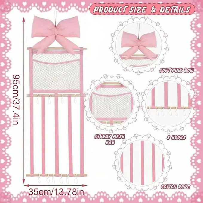 Hair Clip Holder Organizer - with Hooks Pink Bow Wall Storage,Hair Accessory Organizer Room Decor,for Women Teen Girls Door Closet Bedroom Living Room Home Decor Apartment