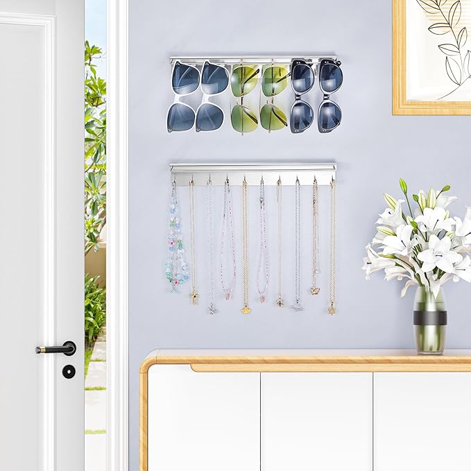 2PCS Necklace Holder Wall Mount, Hanging Jewelry Organizer, Sunglasses Holder, Headband Holders, Necklace Organizer Display with 20 Hooks for Earring,Bracelet,Glasses Storage for Women Men, Silver