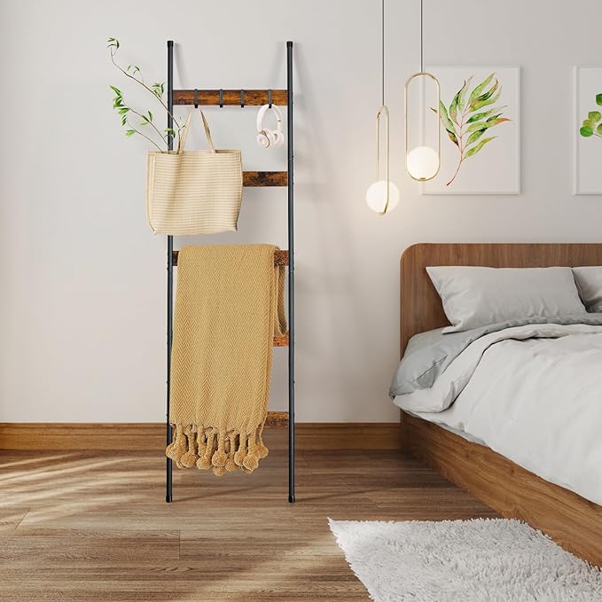 ELYKEN 2 Pack Blanket Ladder for Living Room, Farmhouse 5-Tier Quilt Holder with 4 Removable Hooks for Bathroom, Wood Towel Rack Display, Wall Anchor Leaning Decorative Stand for Home, Rustic Brown