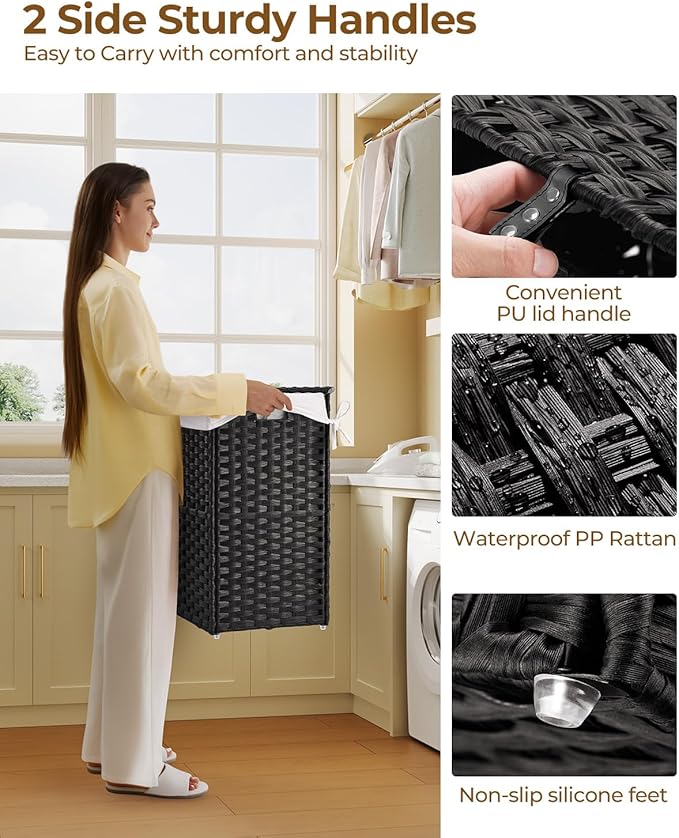 Greenstell Laundry Hamper with Lid, 125L Laundry Basket with 2 Removable Liner Bags & 2 Mesh Bags, Handwoven Synthetic Rattan Clothes Hamper for Clothes, Toys in Bathroom, Bedroom, Foldable, Black