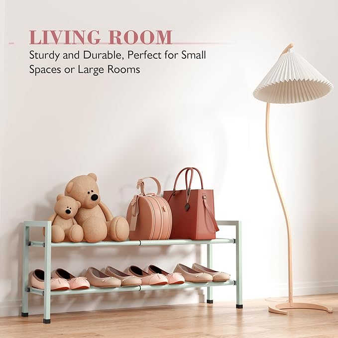Bumusty 2-Tier Expandable Shoe Rack for Closet, 18“-33” Adjustable Shoe Rack for Small Space, Small Shoe Organizer for Front Door, Sturdy Metal, Green