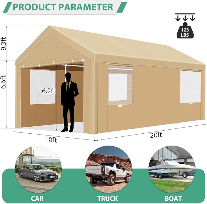 COBIZI Carport 10x20 FT Heavy Duty Portable Garage, Powder Coated Frame(Better Than Galvanized), Built-in Sandbags, Removable Sidewalls & Waterproof Shelter & Windows,for Car/Boat/SUV, Gray