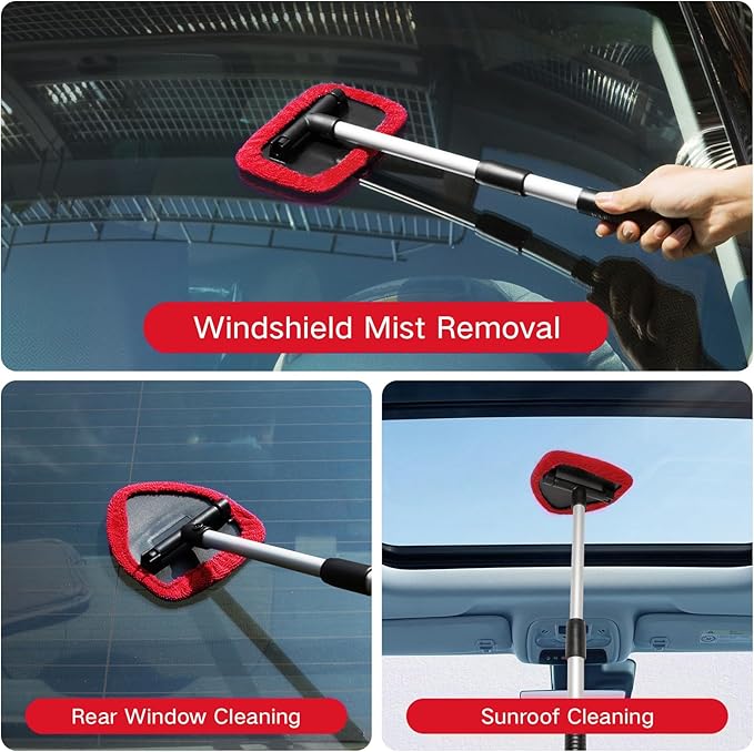 11pcs Windshield Cleaner Tool, Car Window Cleaning Wash Kit with 6 Reusable Microfiber Pads 2 Spray Bottles and Extendable Handles Auto Glass Wiper Kit, Red
