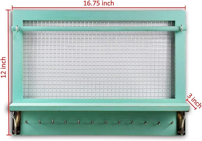 Wall Mount Jewelry Organizer with Shelf, Removable Rod, Hooks, Turquoise, 16.75 x 12 x 3 Inches, Earrings Necklaces Bracelets Rings Display Storage