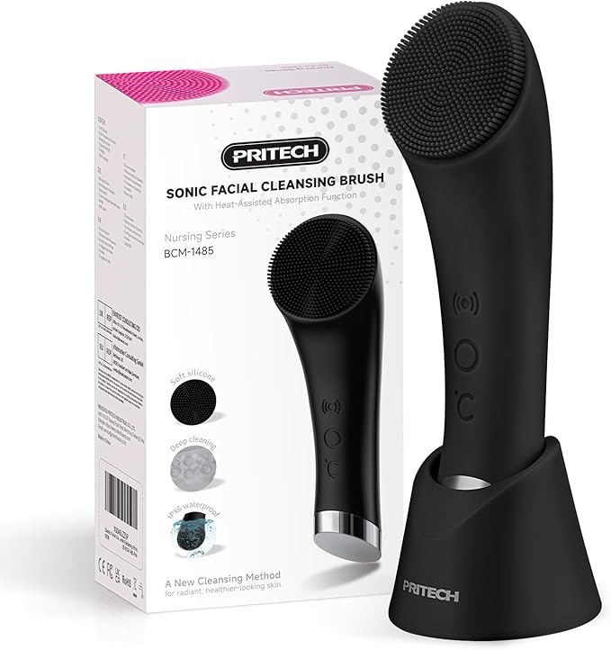 PRITECH Facial Cleansing Brush, Rechargeable Silicone Face Scrubber with Heat Massage End, Vibrating Exfoliator Scrubber for Deep Cleaning, Waterproof Face Brush for Women and Men (Black)