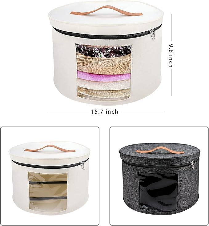 Large Hat Storage Box for Women & Men, 16" D x 10" H Hat Box Organizer，Foldable Round Travel Hat Boxes with Dustproof Lid, Stuffed Toy Storage Bin Bag (Off-white)