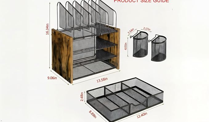 Wooden & Metal Desk Organizer – 4-Tier Vertical Desktop Storage with File Trays, Pen Holder & Drawer – Space-Saving Office & Home Workspace Organizer