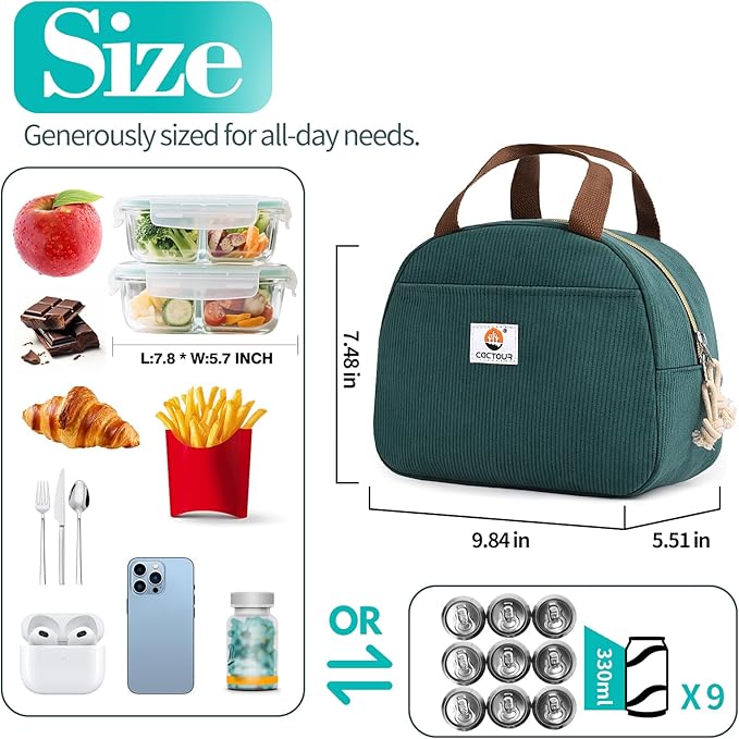 Lunch Box Lunch Bag for Women Girls Teens, Cute Lunch Box Cooler Bag, Portable Small Insulated LunchBox Reusable Corduroy Lunch Tote for Work/Travel/Picnic/School (Lake Green)