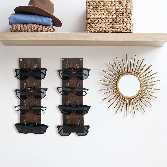 Moxweyeni Set of 2 Rustic Mounted Sunglasses Storage Organizer Wood Eyeglasses Holder Sunglass Rack Eyeglasses Display Rack with Metal Hooks Glasses Wall Decor Hanging Jewelry Organizers for Home