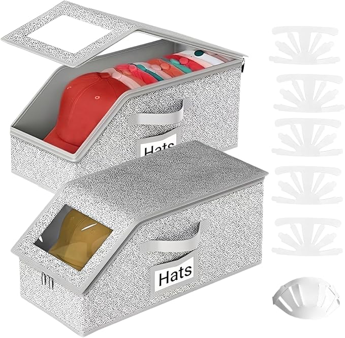 2 Pcs Hat Organizer for Baseball Caps and 6 Pcs Hat Shaper Insert - Stackable Hats Storage Box for Closet - Holds Up to 20 Caps Storage Box, Flip Cover, Save Space, Grey