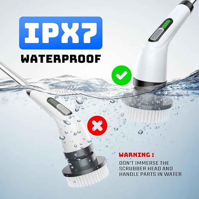 Electric Spin Scrubber - Cordless Bathroom Scrubber with 7 Brush Heads - Dual Speed IPX7 Waterproof Power Scrubber for Heavy-Duty Bathtub, Glass, Tile, and Car Cleaning (White)