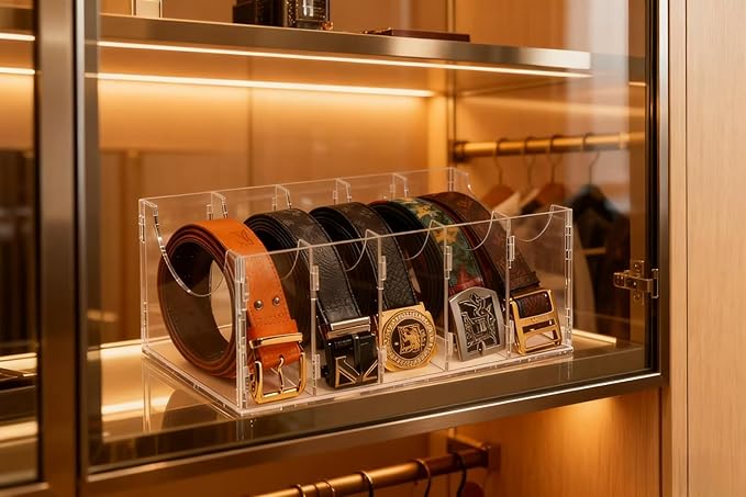 ECOSEAO DIY Belt Organizer, Clear Stackable Belt holder For Closet Drawer Storage - 7 Compartments, Multi-Purpose Display Bins With Inserts For Belts,Ties,Socks