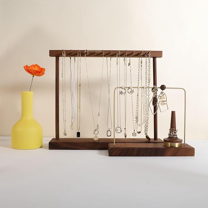 GemeShou Medium necklace hanger shelf with 12 copper bars, Wooden jewelry storage organizer rack for hanger necklace bracelet, necklace display stand for boutique store【Walnut】