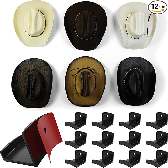 Modern JP Adhesive Hat Hooks for Wall (12-Pack) - Cowboy Hat Rack, Wide Brim Hat Organizer, Strong Hold Hat Hangers for Wall - Black