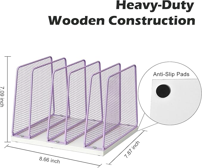 AUPSEN 5-Section Wooden Desktop File Organizer, File Sorter Storage Rack, Vertical File Holder for Office Supplies, Purple