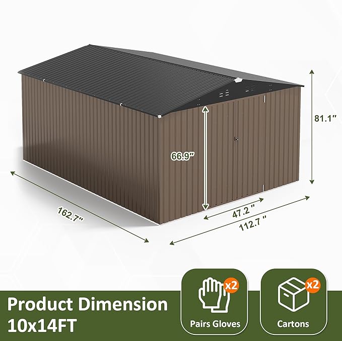 10x14 FT Outdoor Storage Shed, Large Garden Shed with Updated Frame Structure and Lockable Doors, Metal Tool Sheds for Backyard Garden Patio Lawn, Brown