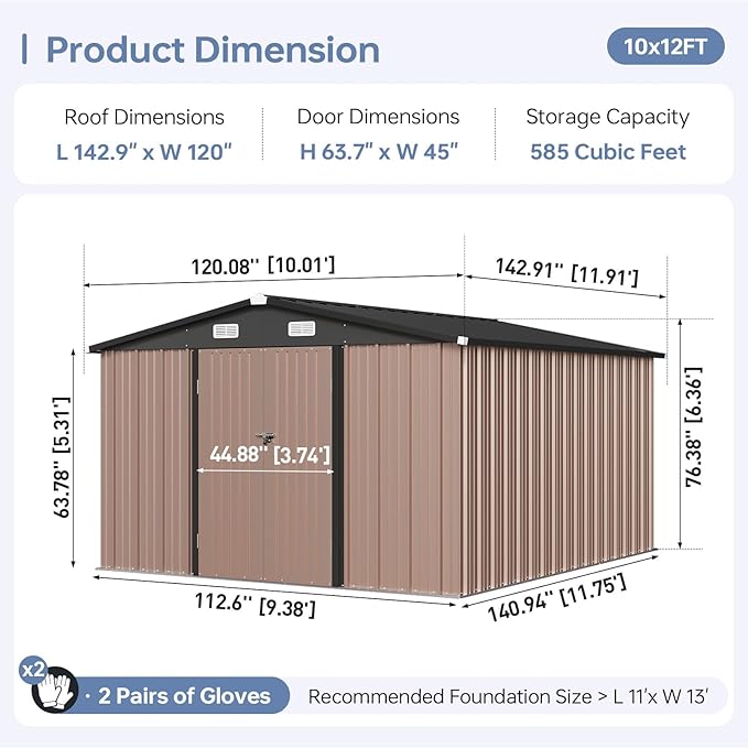 10x12 FT Outdoor Storage Shed, Utility Steel Tool Shed with Lockable Door and Air Vents, Galvanized Metal Shed for Garden Backyard Patio Lawn (10'x12', Brown)
