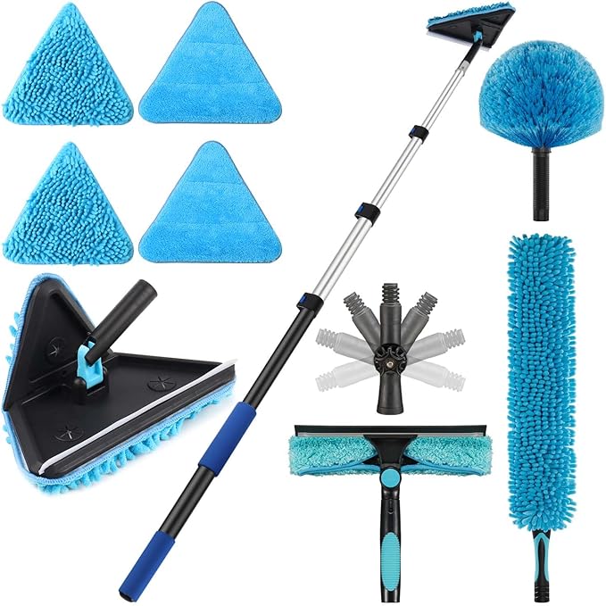25 Foot Wall Cleaner Mop with 18 Ft Heavy Duty Extension Pole, 3-in-1 High Ceiling Cleaning Tool with 4 Microfiber Chenille Pad, Cobweb Duster, Fan, Baseboard, Window Squeegee Kit (18ft)