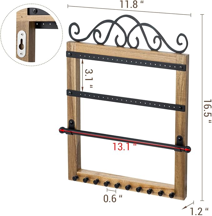 MyGift Premium Acacia Wood & Black Metal Wall Mounted Jewelry Organizer – Scrollwork Design Holder for Necklaces, Earrings, Bracelets & Accessories