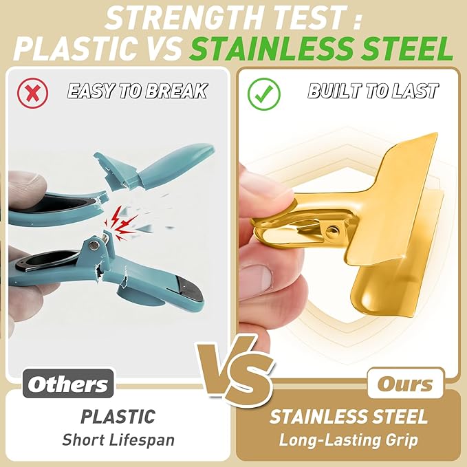 Funfery Gold Chip Clips Bag Clips Large Stainless Steel Clip for Food Storage,Air Tight Seal Chip Bag Clip 3 Inch Strong Food Clipp for Snack,Chips,Kitchen Decor,Home&Office Paper Heavy Duty-8 Pack