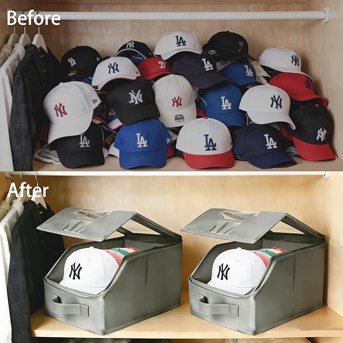 2 Pcs Stackable Baseball Cap Organizer, Washable Odorless Oxford Cloth with Smooth Durable Metal Zipper, Clear Window Holds 24 Caps, Hat Box for Closet/Home (Grey, Small 12.1 x 8.7 x 6.7 inches)