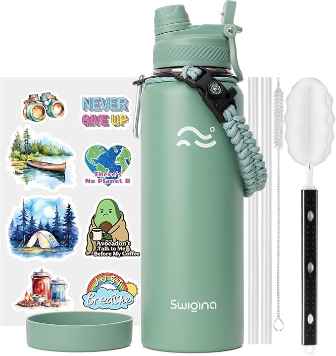 [2-IN-1 LID] Insulated Water Bottle with Silicone Boot (36hrs Cold/18hrs Hot) - DIY Stickers, Leakproof, BPA Free, 40 oz