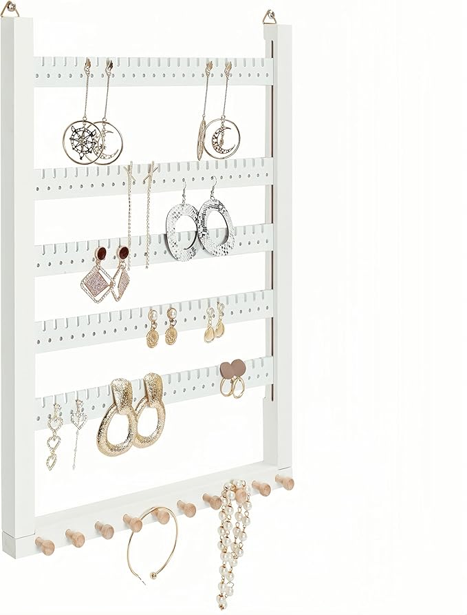 Wall Mounted Earring Organizer, Earring Holder Organizer Wall,Solid Wood Earring Hanging Jewelry Organizer and Storage, Wooden Necklace Holder, Earring Display for Studs, Dangling, Bracelet and Rings