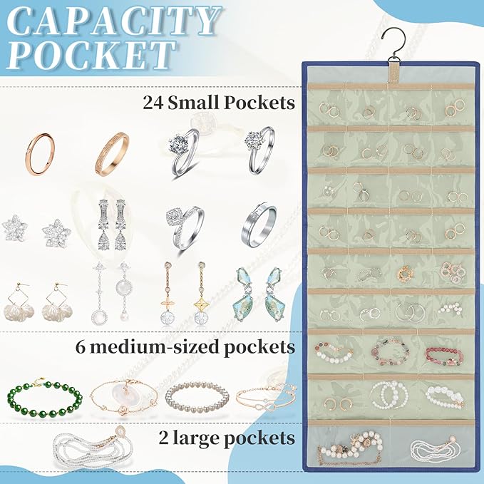 GMAK Hanging Jewelry Organizer with Hanger Metal Hooks, Double-Sided Jewelry Holder Accessories Organizer Storage Roll for Jewelry, Earrings, Bracelets, Necklaces, Rings - Navy Blue