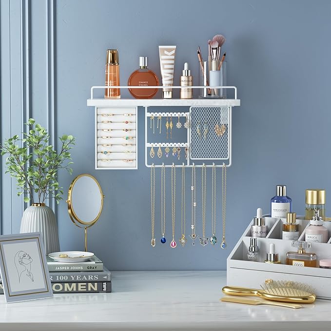 Lolalet Wall Mounted Hanging Jewelry Organizer with Wood Shelf, Wall Jewelry Holder with Hooks for Ring Earring Bracelets Necklaces Display -White