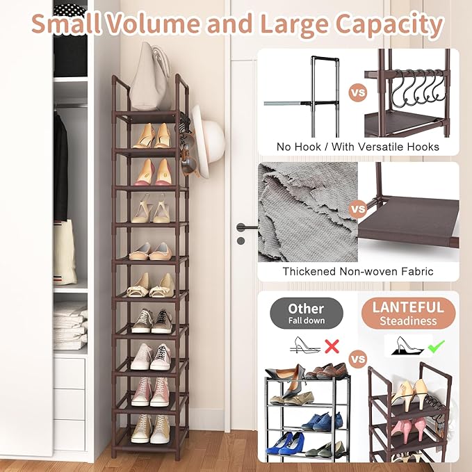 Tall Shoe Rack 10-Tier Narrow Shoe Shelf Storage for 10-15 Pairs Shoe and Boot, Sturdy Shoe Storage Space Saving Corner Shoe Rack Organizer for Closet, Entryway, Living Room, Brown