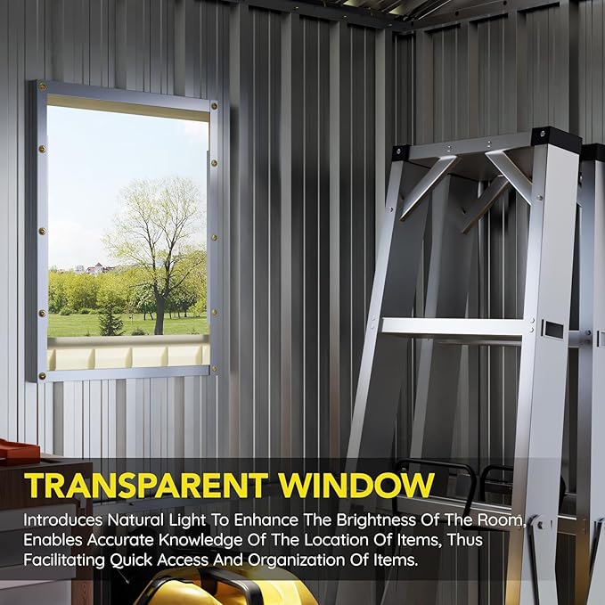Breezz 10X8FT Outdoor Steel Storage Shed with Clear Window, Lockable Doors, Frame Floor,Weather-Resistant Metal Tool Shed for Garden, Backyard, Patio, and Utility Storage