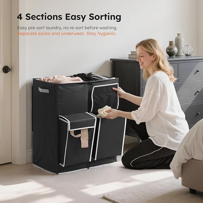 SOLEDI Double Laundry Hamper with Lid, 47.8 Gal (180L) Large Laundr Basket 2 Section with 2 Side Pockets, Dirty Clothes Hamper with Removable Bag, Easy to Carry for Laundry Room, Bedroom, Black